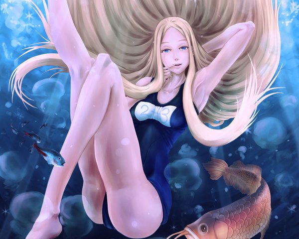 Anime picture 1600x1280 with arakawa under the bridge shaft (studio) nino single long hair blue eyes light erotic blonde hair underwater girl swimsuit one-piece swimsuit fish (fishes) school swimsuit