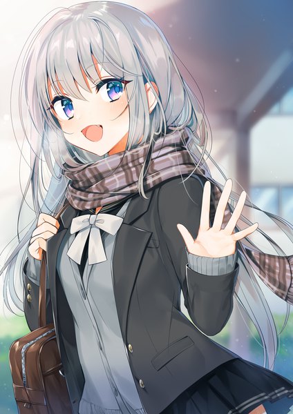Anime picture 2893x4092 with original moe2019 miyukiyo single long hair tall image looking at viewer blush fringe highres open mouth blue eyes hair between eyes standing holding silver hair outdoors long sleeves :d pleated skirt
