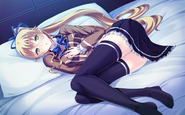 Anime picture 1280x800 with yamiyo ni odore kishimano kouko tel-o single long hair blonde hair wide image green eyes game cg ponytail girl thighhighs black thighhighs serafuku