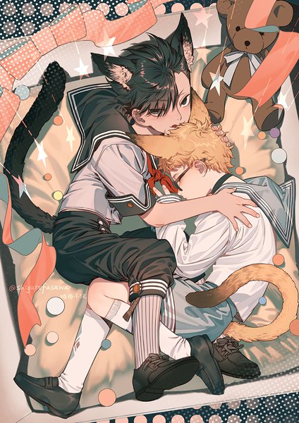 Anime-Bild 750x1061 mit haikyuu!! production i.g tsukishima kei kuroo tetsurou torinmo tall image looking at viewer blush short hair black hair animal ears tail animal tail black eyes cat ears multiple boys cat tail hug shounen ai spiked hair