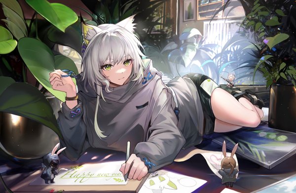 Anime picture 4062x2652 with arknights amiya (arknights) kal'tsit (arknights) doctor (arknights) tabayashi long hair looking at viewer fringe highres short hair multiple girls holding green eyes animal ears absurdres silver hair full body indoors lying bunny ears