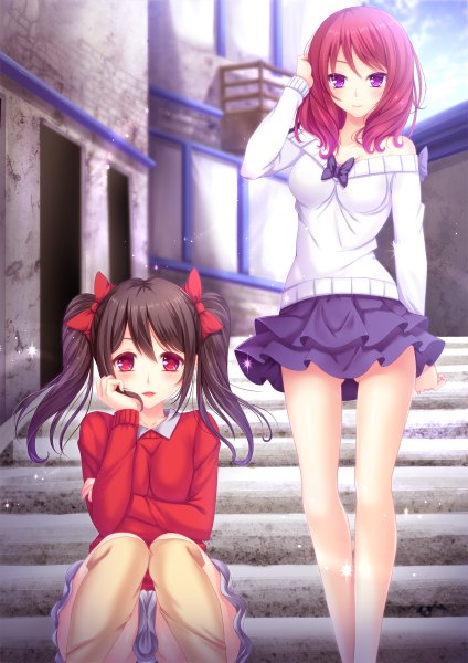 Anime picture 848x1200 with love live! school idol project sunrise (studio) love live! nishikino maki yazawa nico toshi (1-147) long hair tall image looking at viewer blush open mouth light erotic black hair red eyes sitting purple eyes twintails multiple girls red hair girl