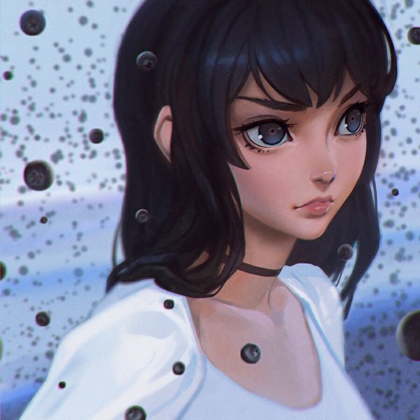 Anime picture 900x900 with original ilya kuvshinov single long hair fringe black hair red eyes looking away sky cloud (clouds) aqua eyes lips blurry portrait makeup multicolored eyes girl choker food berry (berries)