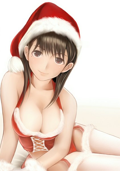 Anime picture 704x1000 with love plus anegasaki nene nannacy7 single long hair tall image looking at viewer breasts light erotic brown hair large breasts sitting bare shoulders brown eyes cleavage light smile fur trim christmas girl fur