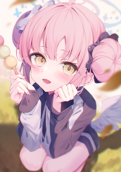 Anime picture 2894x4093 with blue archive mika (blue archive) gou 213 single tall image looking at viewer highres short hair open mouth yellow eyes pink hair :d from above hair bun (hair buns) squat white wings girl wings food sweets