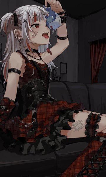Anime picture 2461x4096 with virtual youtuber hololive hololive english reflect (gawr gura) gawr gura bloop (gawr gura) eto sister single long hair tall image highres open mouth red eyes sitting silver hair indoors multicolored hair sweat two side up streaked hair
