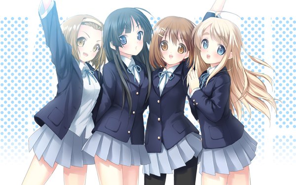 Anime picture 1920x1200 with k-on! kyoto animation akiyama mio hirasawa yui kotobuki tsumugi tainaka ritsu kimishima ao long hair looking at viewer highres short hair blue eyes black hair blonde hair brown hair wide image multiple girls brown eyes pleated skirt arm up