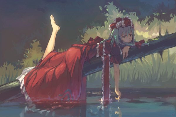 Anime picture 6300x4208 with touhou kagiyama hina jq single long hair highres green eyes absurdres lying barefoot green hair wet girl bow plant (plants) hair bow tree (trees) water grass