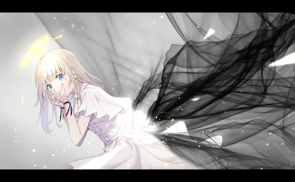 Anime picture 1818x1125 with original kooan single long hair looking at viewer fringe highres blue eyes simple background blonde hair wide image blunt bangs grey background turning head letterboxed covered mouth bloody tears girl dress frills