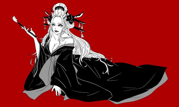 Anime picture 2000x1200 with one piece toei animation black maria (one piece) single long hair highres breasts light erotic simple background wide image large breasts holding looking away cleavage nail polish traditional clothes japanese clothes horn (horns) off shoulder monochrome