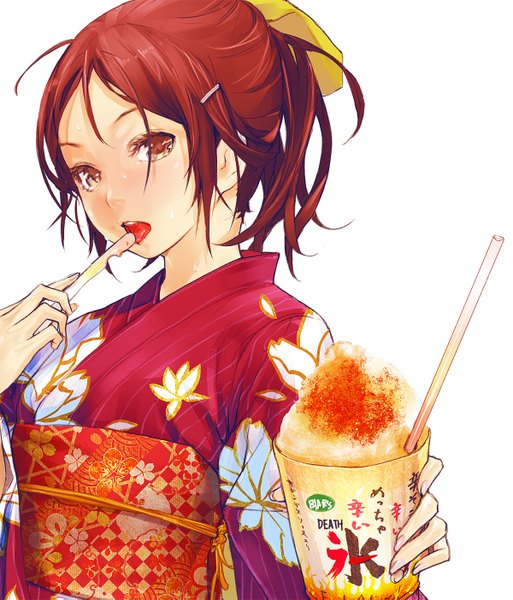 Anime picture 1200x1403 with original redjuice single tall image short hair open mouth white background brown eyes red hair nail polish japanese clothes girl belt kimono tongue shaved ice