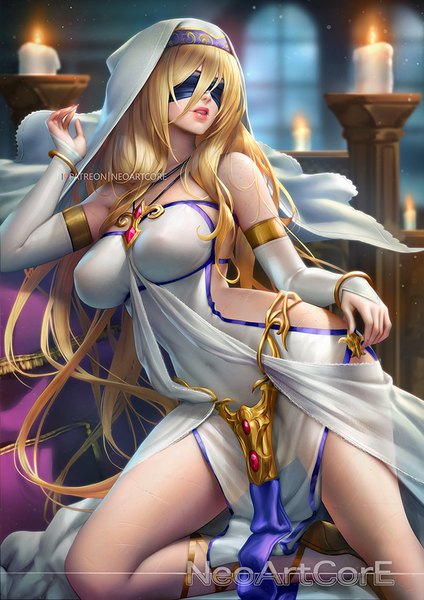 Anime picture 700x990 with goblin slayer! sword maiden nudtawut thongmai single long hair tall image fringe breasts light erotic blonde hair signed bent knee (knees) indoors nail polish parted lips fingernails lips realistic kneeling covered navel