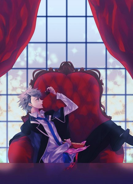 Anime picture 1024x1418 with starry sky kazuki shiranui kazuaki single tall image short hair sitting holding green eyes looking away white hair indoors parted lips profile crossed legs boy uniform school uniform necktie food