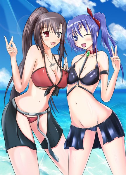 Anime picture 1150x1600 with original yui77 (artist) long hair tall image blush open mouth light erotic red eyes brown hair purple eyes bare shoulders multiple girls sky purple hair cloud (clouds) ponytail one eye closed wink midriff heterochromia