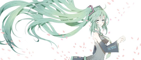 Anime picture 1874x800 with vocaloid hatsune miku oooobibibi single highres wide image white background twintails very long hair aqua eyes aqua hair girl detached sleeves petals necktie