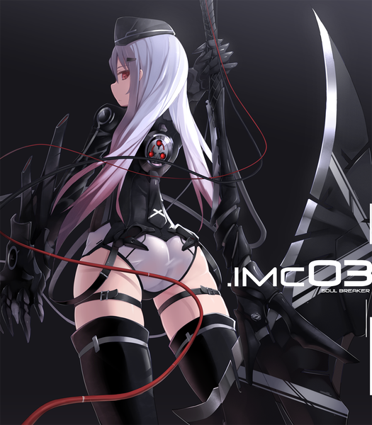 Anime picture 1313x1500 with original zenn (artist) single long hair tall image light erotic red eyes ass white hair looking back back girl underwear panties weapon hat sword armor field cap