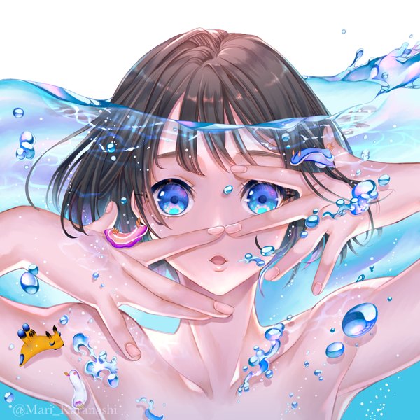Anime picture 4093x4093 with original karanashi mari single highres short hair open mouth blue eyes black hair simple background white background bare shoulders signed absurdres upper body arms up armpit (armpits) twitter username underwater girl animal