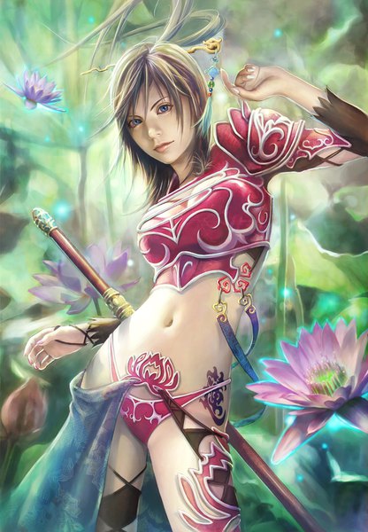 Anime picture 1200x1730 with original eat0123 single tall image looking at viewer fringe short hair breasts blue eyes light erotic hair between eyes brown hair cleavage outdoors fingernails lips realistic bare belly tattoo magic