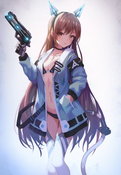 Anime picture 1000x1440 with original doroshi single long hair tall image looking at viewer blush fringe breasts light erotic simple background hair between eyes brown hair standing holding brown eyes payot cleavage tail long sleeves