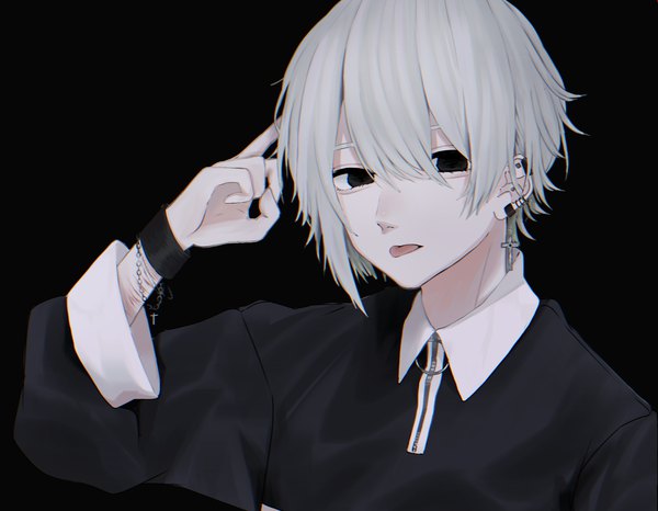 Anime picture 2126x1654 with original 402 (o0 xxx) single looking at viewer fringe highres short hair simple background hair between eyes silver hair upper body black eyes piercing black background ear piercing :p asymmetrical hair striped background boy bracelet