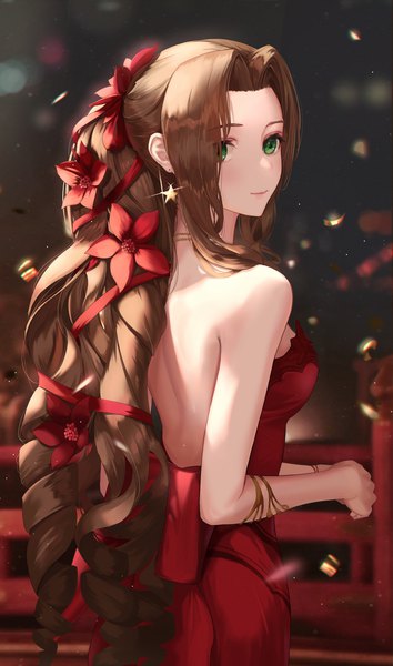 Anime picture 2171x3679 with final fantasy final fantasy vii final fantasy vii remake square enix aerith gainsborough tooku0 single long hair tall image looking at viewer blush fringe highres breasts smile brown hair standing bare shoulders green eyes ponytail