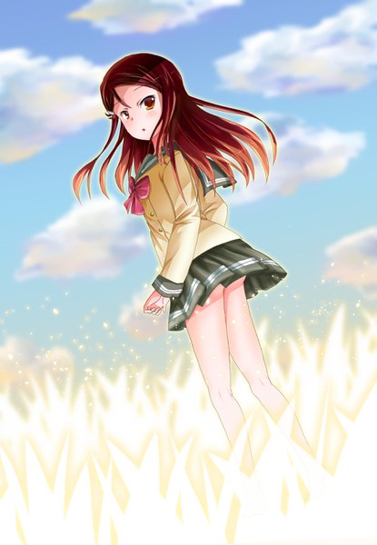 Anime picture 900x1300 with love live! sunshine!! sunrise (studio) love live! sakurauchi riko aisu (popstae) single long hair tall image looking at viewer blush standing sky cloud (clouds) outdoors red hair pleated skirt looking back wind bare legs orange eyes