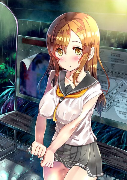 Anime picture 707x1000 with love live! sunshine!! sunrise (studio) love live! kunikida hanamaru xephonia single long hair tall image looking at viewer blush fringe breasts light erotic hair between eyes brown hair large breasts standing brown eyes outdoors parted lips