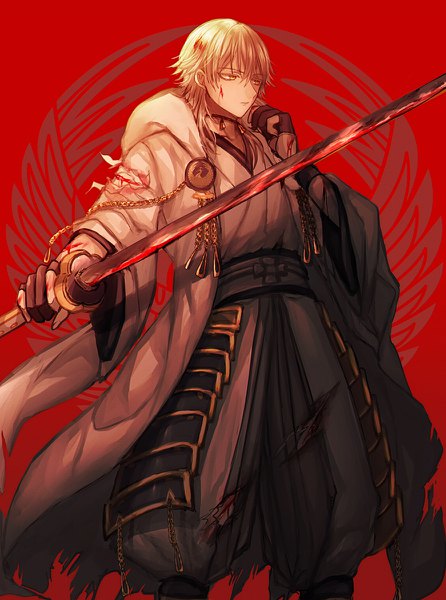 Anime-Bild 892x1200 mit touken ranbu nitroplus tsurumaru kuninaga abandon ranka single long hair tall image standing holding yellow eyes looking away silver hair traditional clothes japanese clothes red background blood on face bloody weapon boy gloves weapon