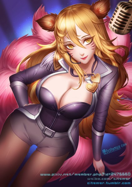 Anime picture 996x1413 with league of legends ahri (league of legends) popstar ahri (league of legends) gu-ko citemer single long hair tall image fringe breasts light erotic blonde hair large breasts animal ears yellow eyes tail lips facial mark fox girl multiple tails whisker markings