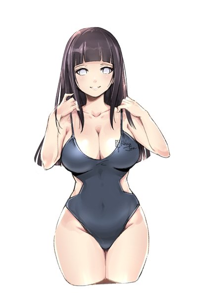 Anime picture 610x919 with naruto studio pierrot naruto (series) hyuuga hinata relaxjon single long hair tall image looking at viewer blush fringe breasts light erotic black hair simple background smile large breasts white background signed cleavage