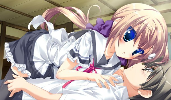 Anime picture 1024x600 with koiiro soramoyou (game) shinohara sera lucie long hair short hair blue eyes black hair brown hair wide image twintails game cg couple girl thighhighs boy black thighhighs serafuku