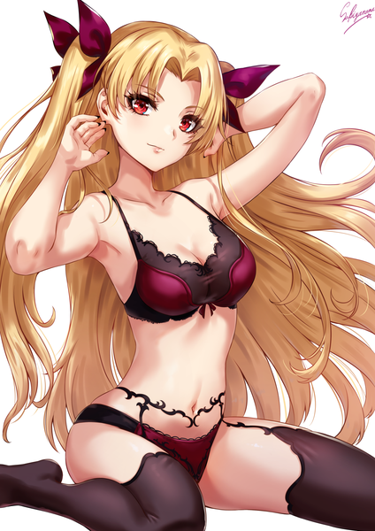 Anime-Bild 1200x1697 mit fate (series) fate/grand order ereshkigal (fate) sakiyamama single long hair tall image looking at viewer blush fringe breasts light erotic simple background blonde hair red eyes white background sitting signed cleavage ass