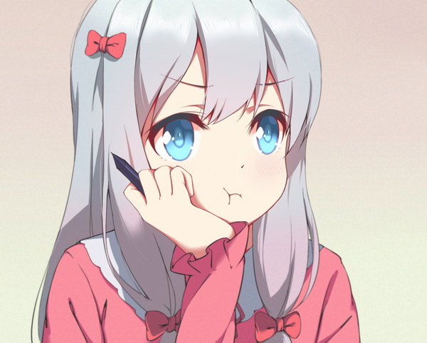 Anime picture 1622x1303 with eromanga sensei a-1 pictures izumi sagiri qingchen single long hair fringe blue eyes simple background looking away silver hair upper body loli chin rest :t girl bow hair bow pajamas stylus