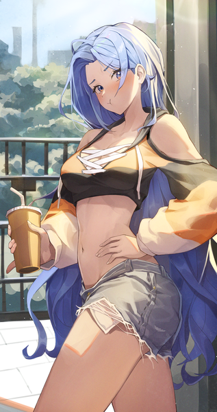 Anime picture 2274x4300 with original minah (chaesu) netural single long hair tall image looking at viewer blush highres breasts blue eyes standing bare shoulders holding blue hair outdoors long sleeves head tilt bare belly hand on hip