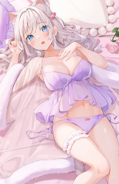 Anime picture 1600x2481 with virtual youtuber indie virtual youtuber amanagi el kinako (shiratama mochi) single long hair tall image looking at viewer blush fringe breasts open mouth blue eyes light erotic large breasts animal ears silver hair tail lying blunt bangs