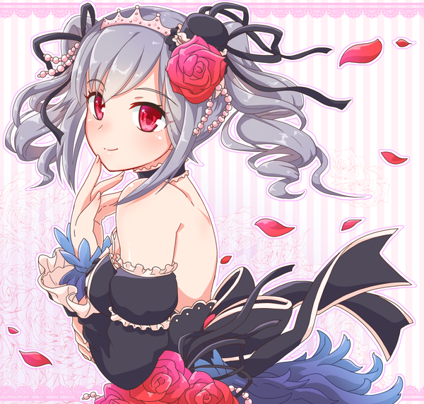 Anime picture 1446x1380 with idolmaster idolmaster cinderella girls kanzaki ranko yukito (hoshizora) single long hair blush smile red eyes twintails upper body fingernails light smile grey hair off shoulder wide sleeves turning head back drill hair finger to mouth