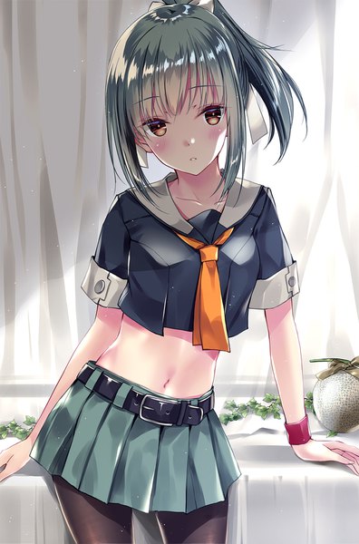 Anime picture 1160x1754 with kantai collection yuubari light cruiser kobayashi chisato single long hair tall image looking at viewer blush fringe standing brown eyes payot ponytail parted lips head tilt pleated skirt green hair short sleeves midriff girl