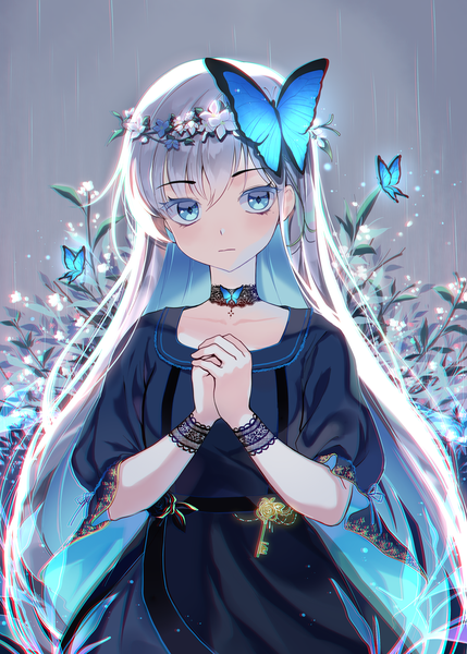 Anime picture 1000x1397 with original mechuragi single long hair tall image looking at viewer blush fringe blue eyes hair between eyes standing silver hair upper body multicolored hair rain colored inner hair hands clasped floral background praying girl