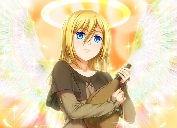 Anime picture 1600x1152 with shingeki no kyojin production i.g krista lenz mutsuki (moonknives) single long hair looking at viewer blue eyes blonde hair light smile girl dress wings feather (feathers) halo canteen