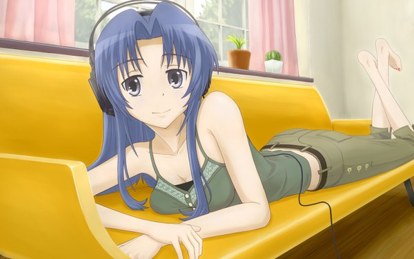 Anime picture 1280x800 with toradora j.c. staff kawashima ami smile wide image cleavage headphones couch
