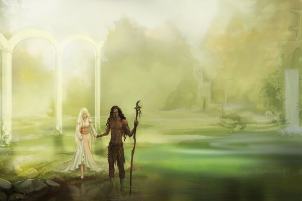 Anime picture 1600x1068 with anndr (artist) long hair black hair blonde hair standing braid (braids) barefoot tattoo couple holding hands wavy hair landscape face paint ruins nature waterfall curly hair fog lake girl