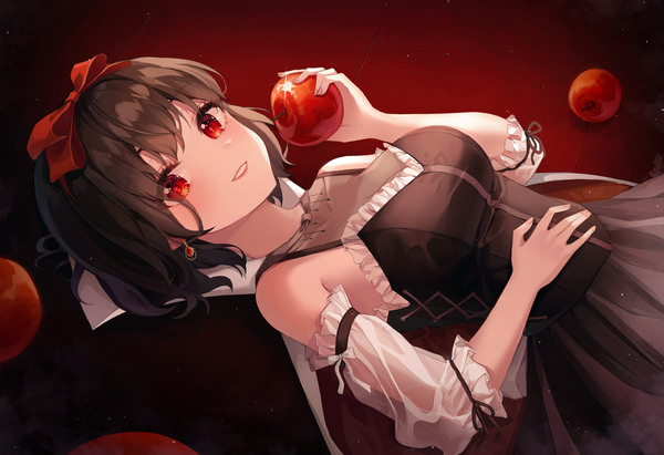 Anime picture 2208x1512 with snow white and the seven dwarfs snow white eunyoo single looking at viewer blush fringe highres short hair breasts simple background smile red eyes brown hair large breasts holding lying parted lips on back red background
