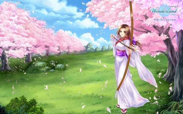 Anime picture 1680x1050 with wonderland online wide image japanese clothes cherry blossoms archery bow (weapon)