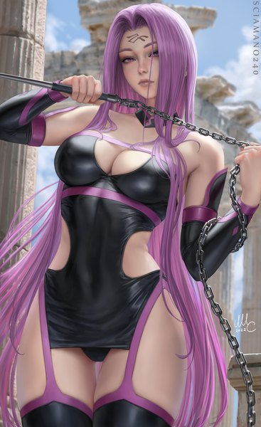Anime picture 1837x3000 with fate (series) fate/stay night rider sciamano240 single tall image looking at viewer highres breasts light erotic large breasts standing purple eyes holding signed sky cleavage purple hair cloud (clouds) outdoors