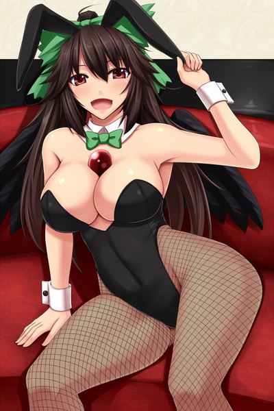 Anime picture 800x1200 with touhou reiuji utsuho shuugetsu karasu single long hair tall image blush breasts open mouth light erotic black hair red eyes large breasts animal ears bunny ears girl bow hair bow pantyhose wings