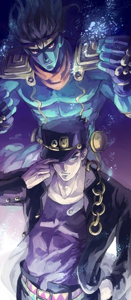 Anime picture 700x1600 with jojo no kimyou na bouken kujo jotaro star platinum kali lgk tall image looking at viewer short hair blue eyes black hair red eyes from above hand in pocket fighting stance stand (jojo) boy uniform school uniform belt flat cap fist