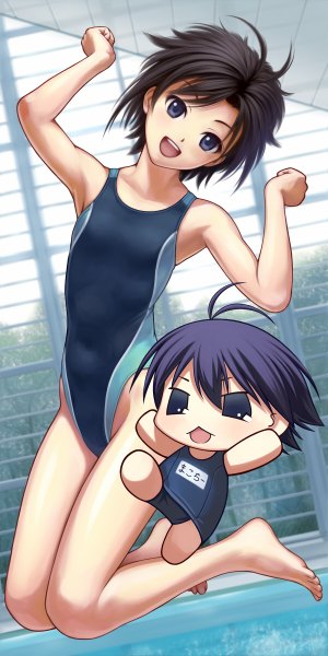 Anime picture 600x1200 with idolmaster puchimasu! kikuchi makoto makochii nekopuchi tall image looking at viewer short hair open mouth blue eyes light erotic black hair multiple girls ahoge bent knee (knees) barefoot bare legs chibi jumping girl