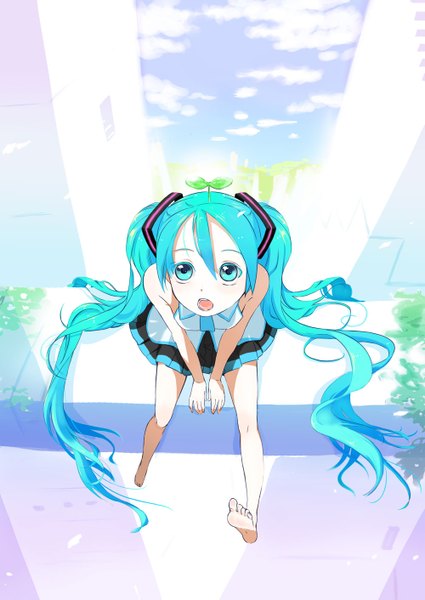 Anime picture 1000x1412 with vocaloid hatsune miku yamada ranga single tall image open mouth sitting twintails bare shoulders sky cloud (clouds) very long hair barefoot aqua eyes aqua hair sleeveless looking up girl plant (plants)