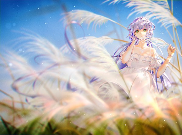 Anime picture 2000x1485 with vocaloid vocaloid china luo tianyi tidsean single long hair looking at viewer fringe highres standing bare shoulders green eyes sky silver hair outdoors blunt bangs parted lips blurry arms up girl