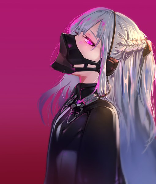 Anime-Bild 1700x2000 mit girls frontline ak-12 (girls frontline) aak single long hair tall image looking at viewer fringe simple background hair between eyes payot silver hair upper body braid (braids) profile pink eyes gradient background symbol-shaped pupils pink background glowing eye (eyes)